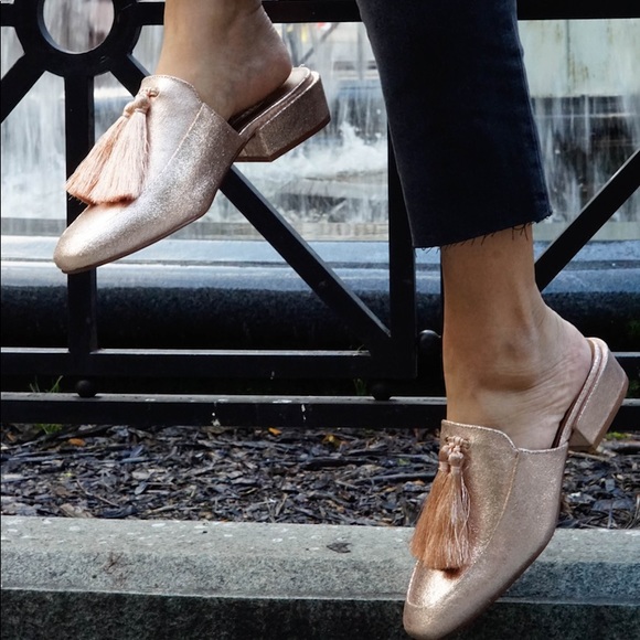 Champagne Leather Chic Tassels Slip On Mule - Picture 3 of 5